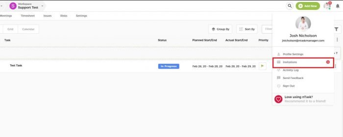 Invitations dropdown